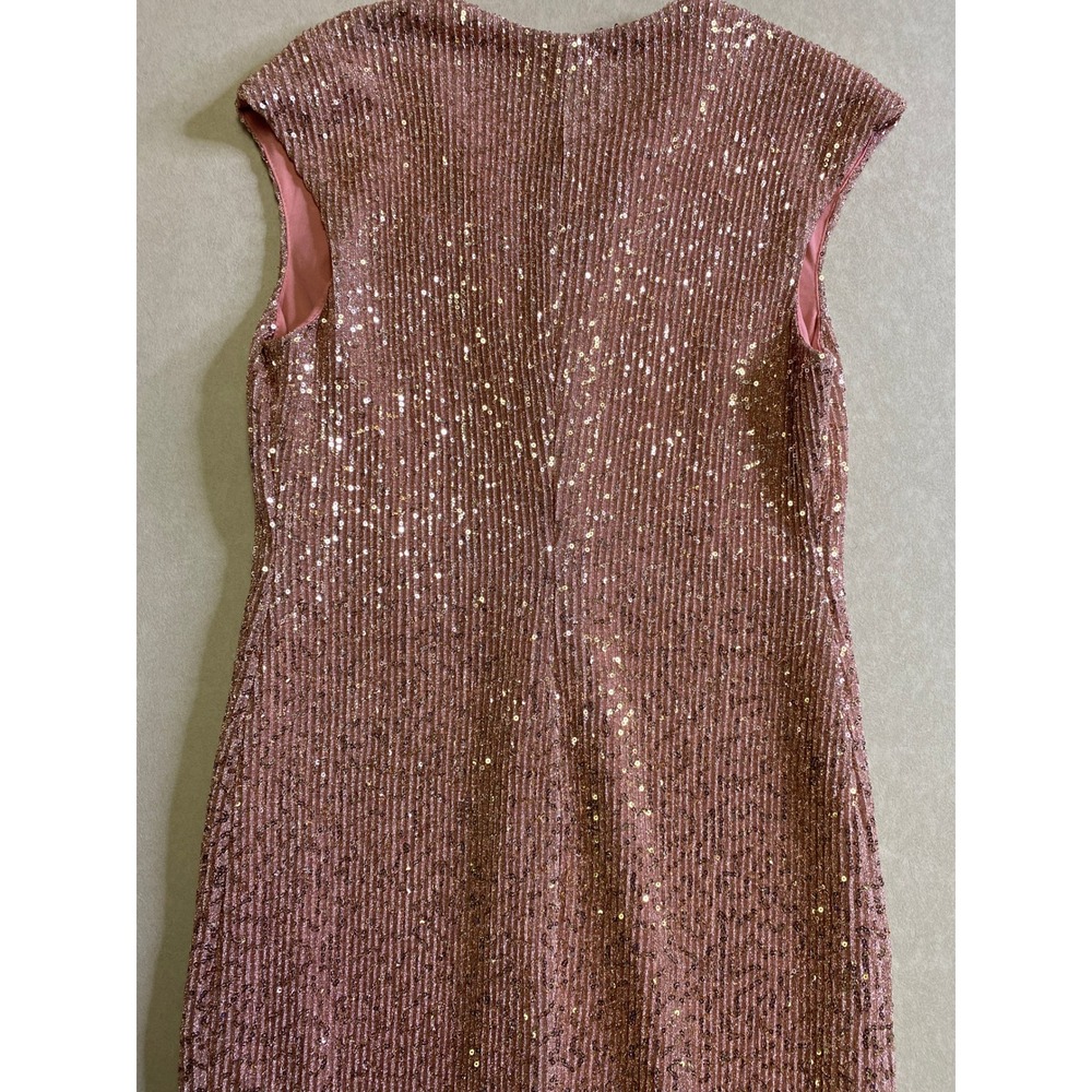 Connected Apparel Rose Gold Sequin Sheath Dress Cap Sleeve V-Neck Midi Size 12 - Picture 9 of 10